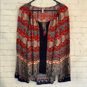 Red Camel Red and Blue Long Sleeve Boho Graphic Blouse
